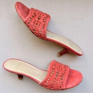 Stuart Weitzman Coral Orange Suede Slide Heeled Sandals w/ Gold Stud Accents 6.5